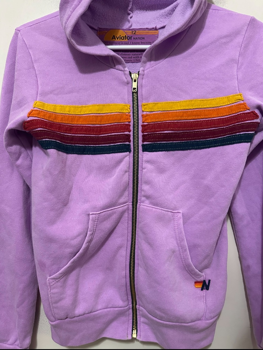 Aviator Nation Kids Size 12 Purple Rainbow Stripe Full Zip Hoodie Made in USA - Picture 12 of 14